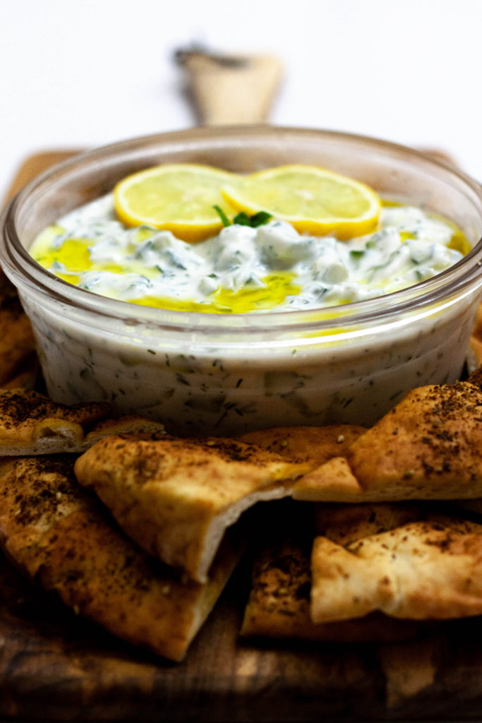 Authentic Greek Tzatziki with Toasted Za'atar Pita Chips