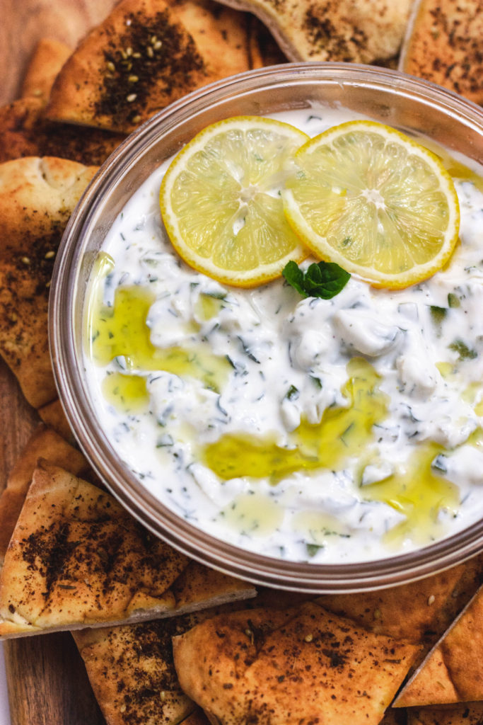 Authentic Greek Tzatziki with Toasted Za'atar Pita Chips